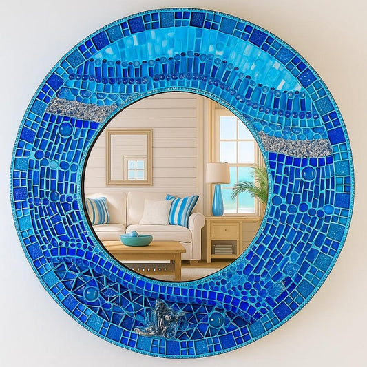 Ocean Hues Mosaic Mirror: Czech Glass Beads & Starfish - 18"