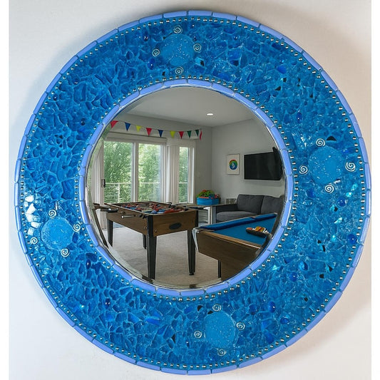 MOSAIC MIRROR 14"/ Southern Ocean Blue Tempered Glass & Mosaic