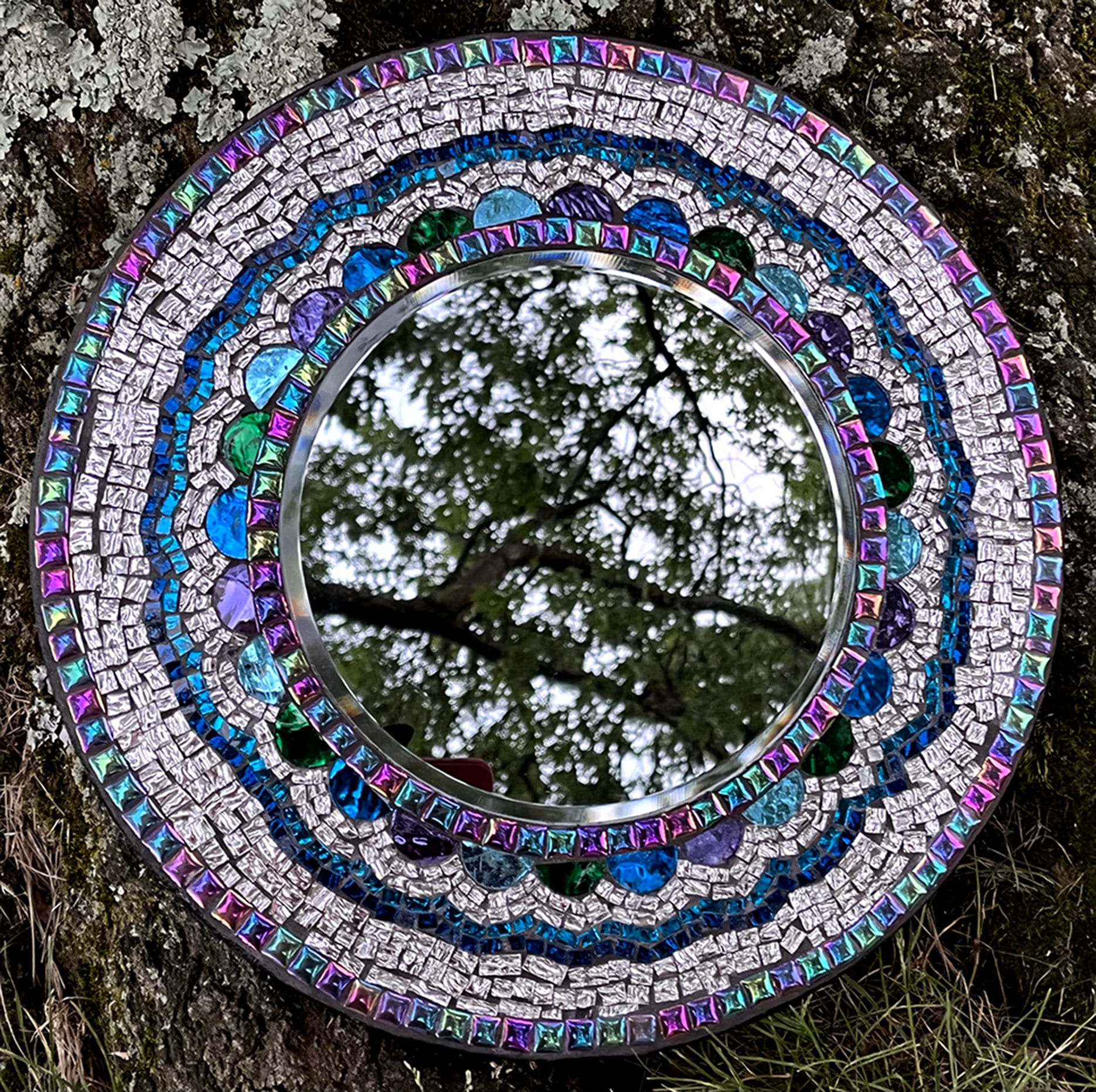 MOSAIC MIRROR 14" /Textured and Colored Mirror Stained Glass/Iridescent Rainbow Ceramic. One-Of-A-Kind. Ready to Sell. - MIRRORS