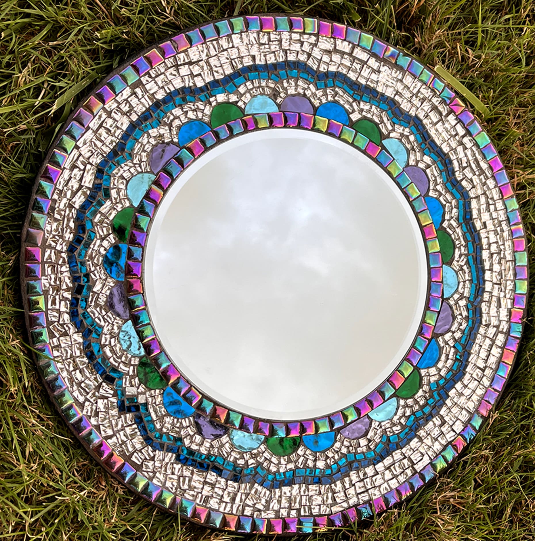 MOSAIC MIRROR 14" /Textured and Colored Mirror Stained Glass/Iridescent Rainbow Ceramic. One-Of-A-Kind. Ready to Sell. - MIRRORS