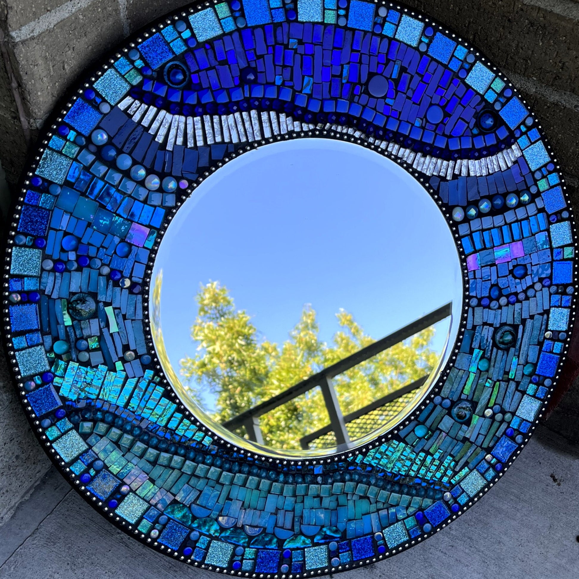 MOSAIC MIRROR - 18" - BLUE teal colors plus/ Includes Fused Glass, Stained Glass, Glass Beads, Mirrored Glass & Ceramics, Ready to Ship -