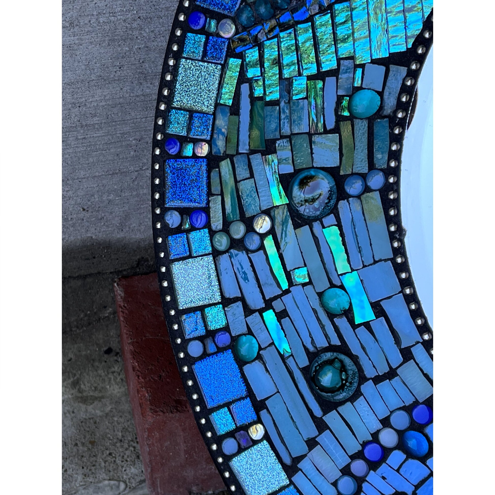 MOSAIC MIRROR - 18" - BLUE teal colors plus/ Includes Fused Glass, Stained Glass, Glass Beads, Mirrored Glass & Ceramics, Ready to Ship -