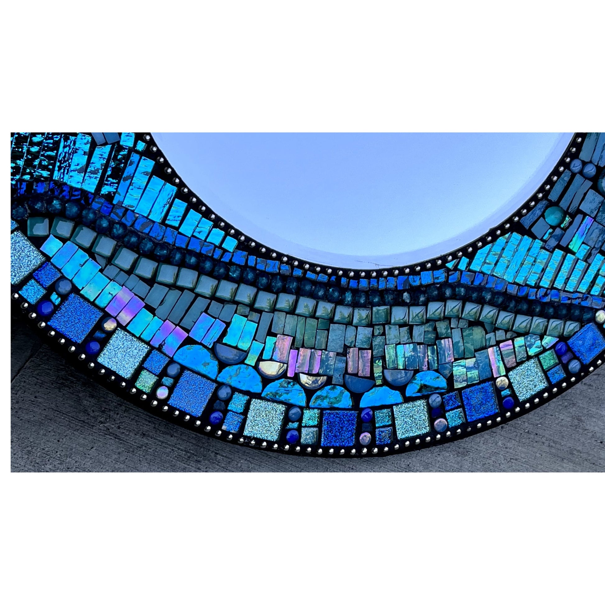 MOSAIC MIRROR - 18" - BLUE teal colors plus/ Includes Fused Glass, Stained Glass, Glass Beads, Mirrored Glass & Ceramics, Ready to Ship -