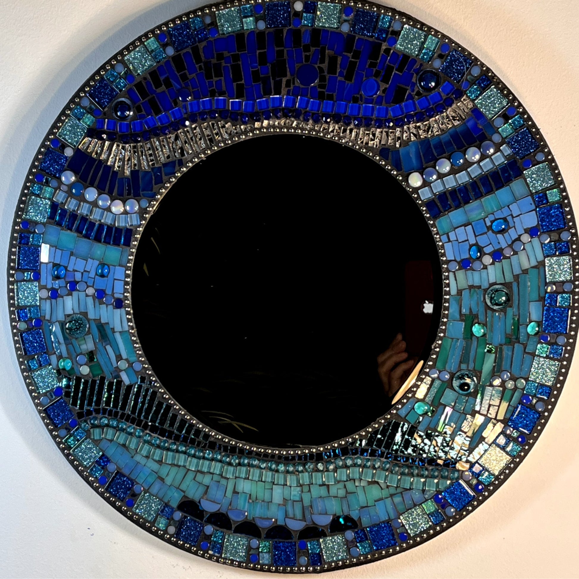 MOSAIC MIRROR - 18" - BLUE teal colors plus/ Includes Fused Glass, Stained Glass, Glass Beads, Mirrored Glass & Ceramics, Ready to Ship -