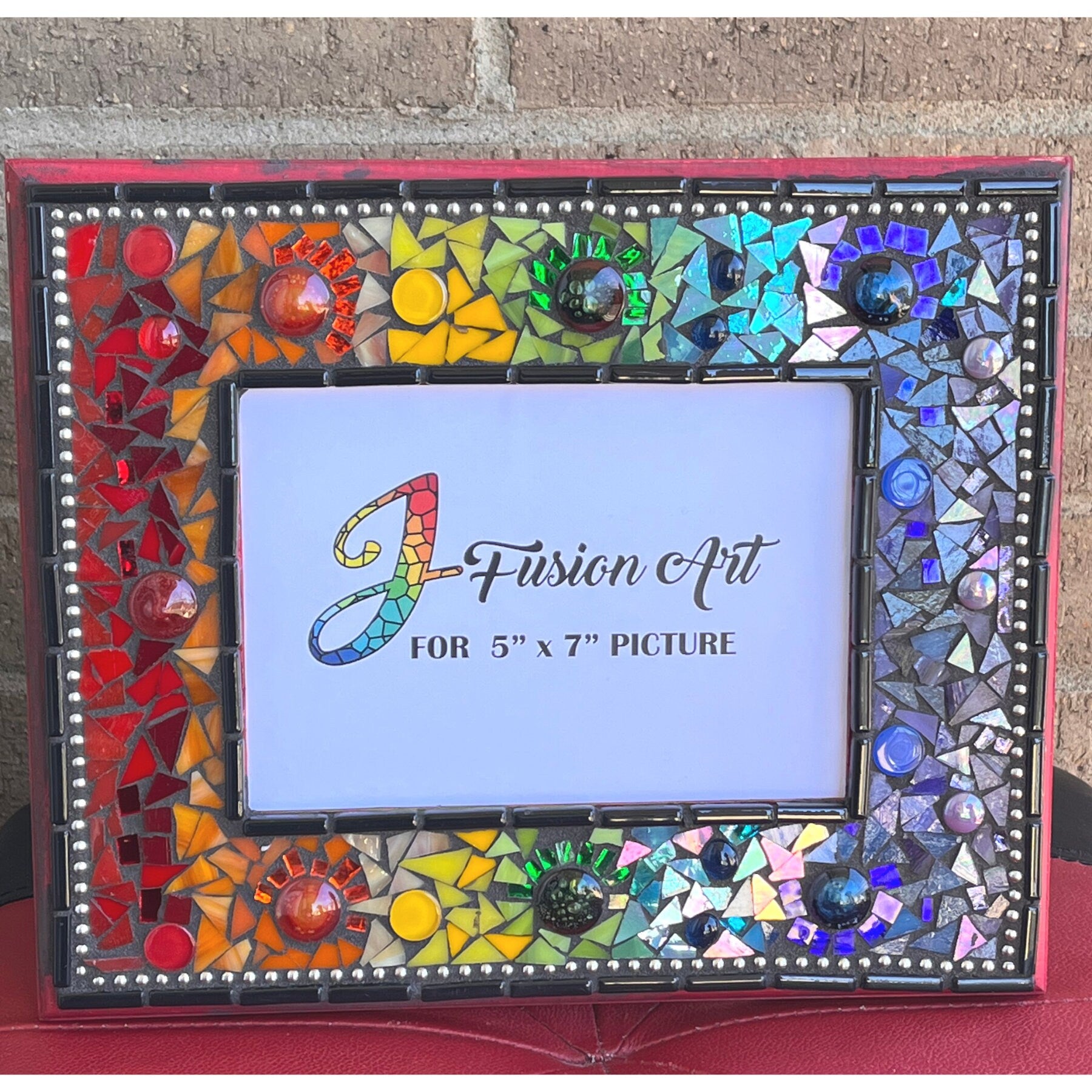 MOSAIC FRAME 5x7/Rainbow On Red Frame/mirrored & Stained Glass, Glass Fusions, One Of A Kind! Bohemian Chic.Ready To Ship - PHOTO FRAMES