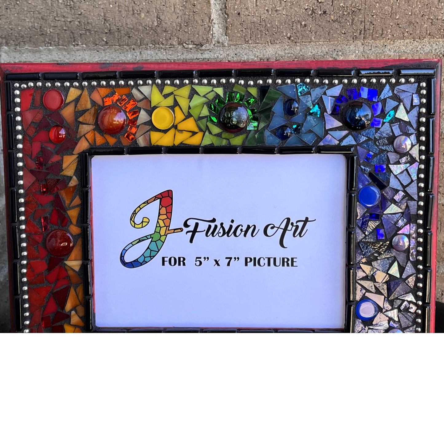 MOSAIC FRAME 5x7/Rainbow On Red Frame/mirrored & Stained Glass, Glass Fusions, One Of A Kind! Bohemian Chic.Ready To Ship - PHOTO FRAMES