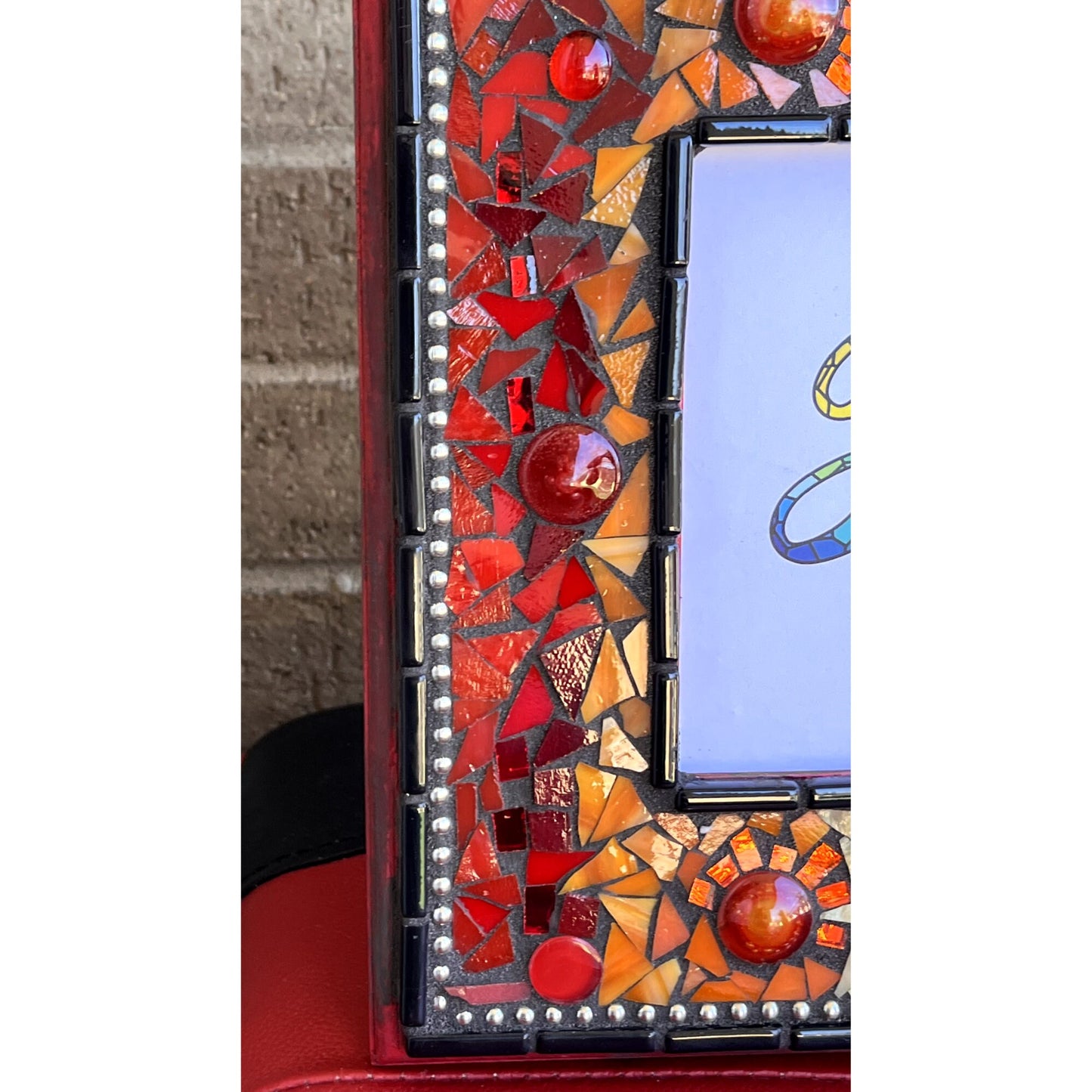 MOSAIC FRAME 5x7/Rainbow On Red Frame/mirrored & Stained Glass, Glass Fusions, One Of A Kind! Bohemian Chic.Ready To Ship - PHOTO FRAMES