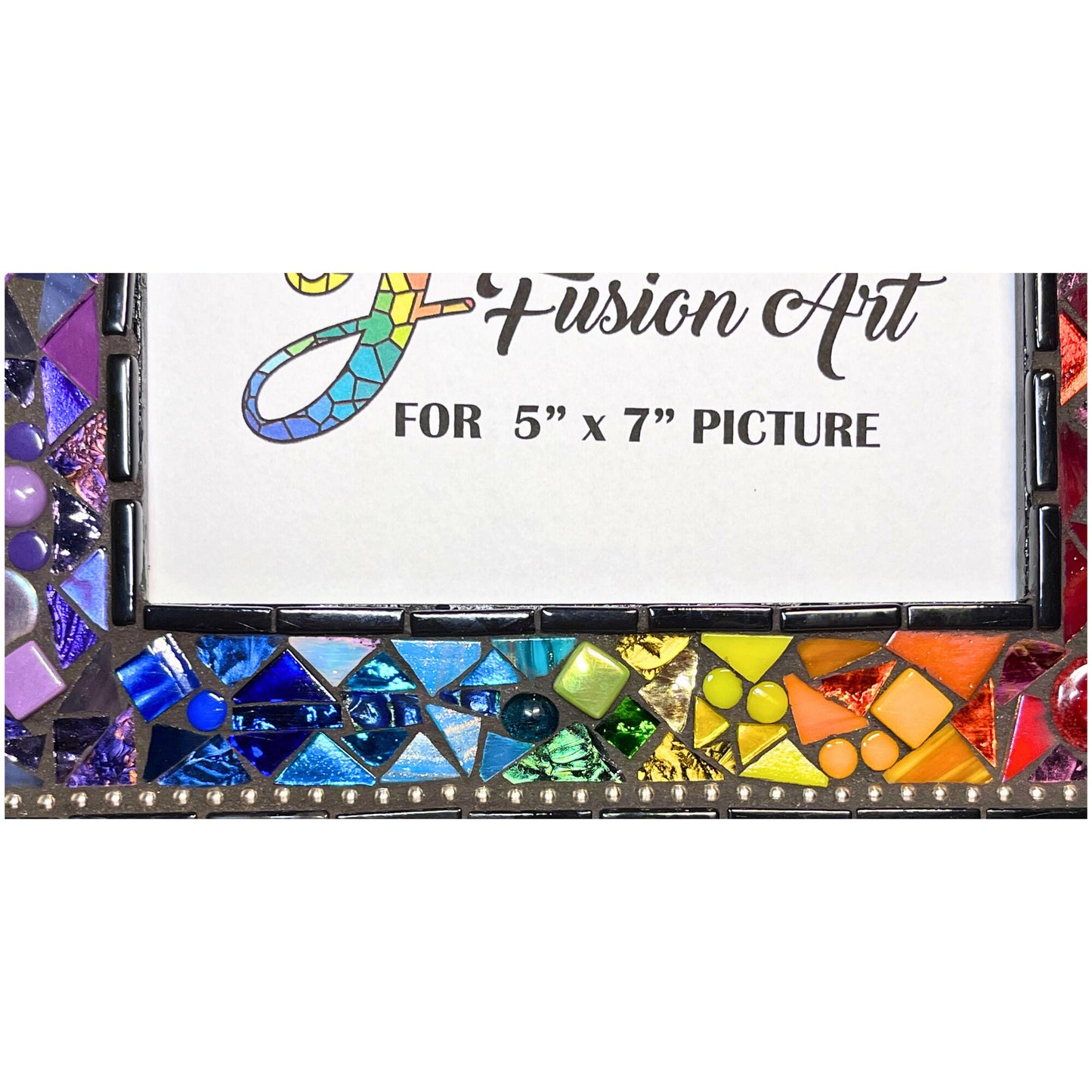 another front picture:5x7 photo frame in a rainbow of colors. Quite a big of texture with different heights and sizes of files. Glass, stained glass ad ceramic. Black outter border with silver chain inlay