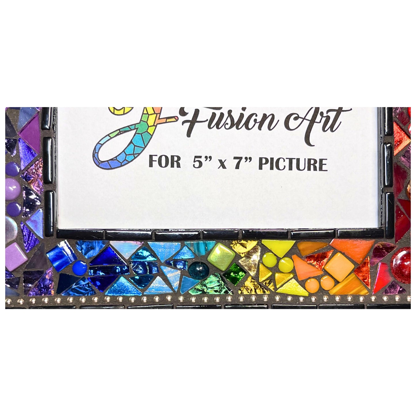 Center bottom close up
5x7 photo frame in a rainbow of colors. Quite a big of texture with different heights and sizes of files. Glass, stained glass ad ceramic. Black outter border with silver chain inlay