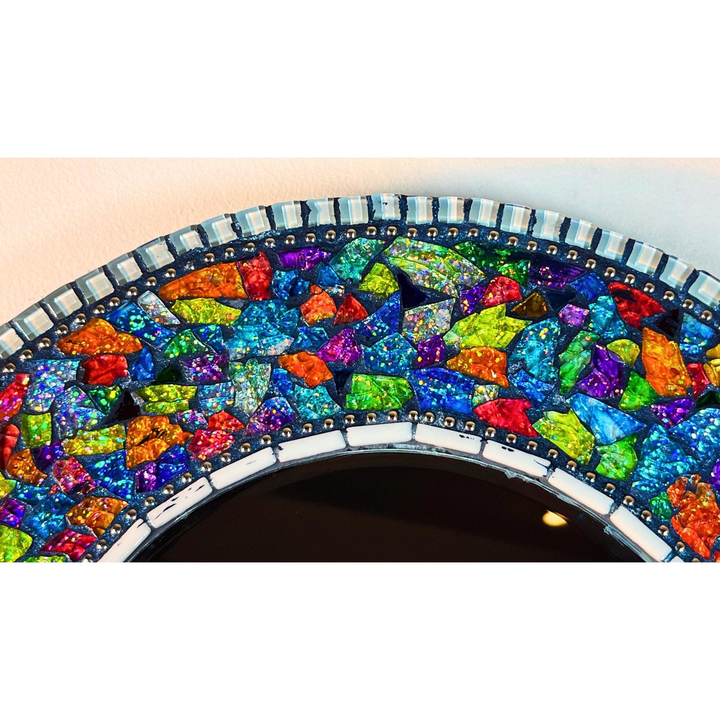 top photo of the completed fantasy garden mirror with the dark blue grout