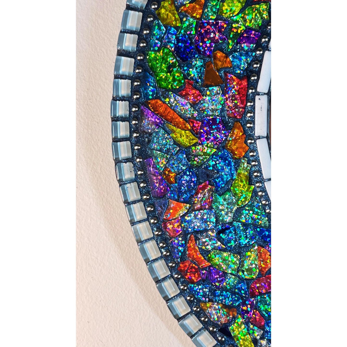 left side photo
of the completed fantasy garden mirror with the dark blue grout