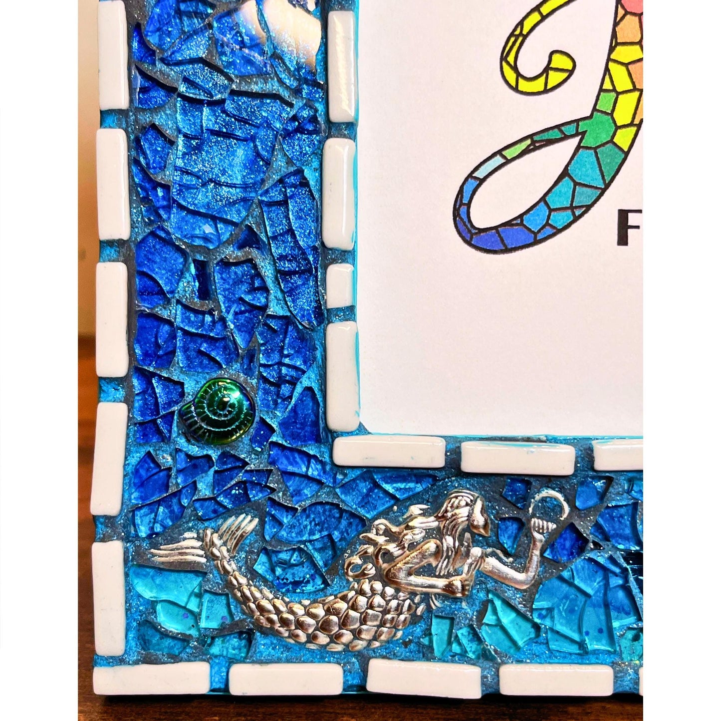 bottom left close up:
5 x 7 tempered glass and mosaic photo frame in shades of blue with silver mermaid charms on the bottom