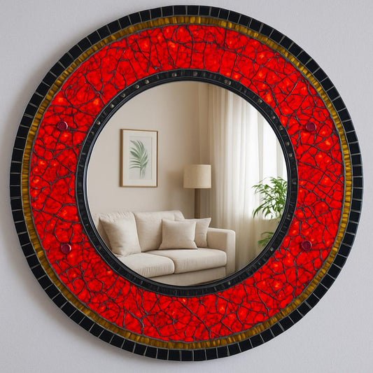 Artistic 14" Asian Inspired Mosaic Mirror|Bold Statement Piece|Intriguing Wall Art