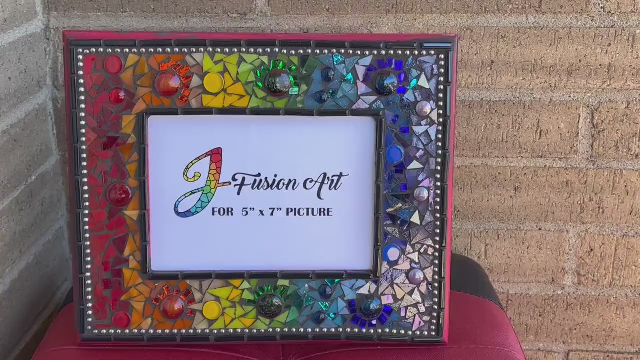 MOSAIC FRAME 5x7/Rainbow On Red Frame/mirrored & Stained Glass, Glass Fusions, One Of A Kind! Bohemian Chic.Ready To Ship