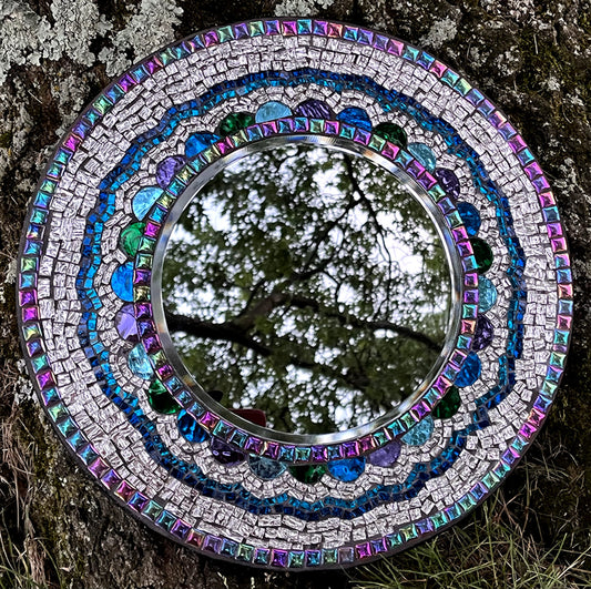 MOSAIC MIRROR 14" /Textured and Colored Mirror Stained Glass/Iridescent Rainbow Ceramic. One-Of-A-Kind. Ready to Sell. - MIRRORS
