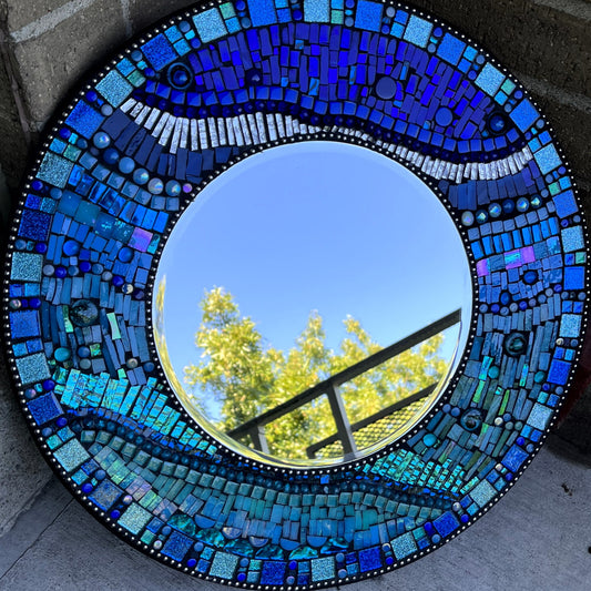 MOSAIC MIRROR - 18" - BLUE teal colors plus/ Includes Fused Glass, Stained Glass, Glass Beads, Mirrored Glass & Ceramics, Ready to Ship -