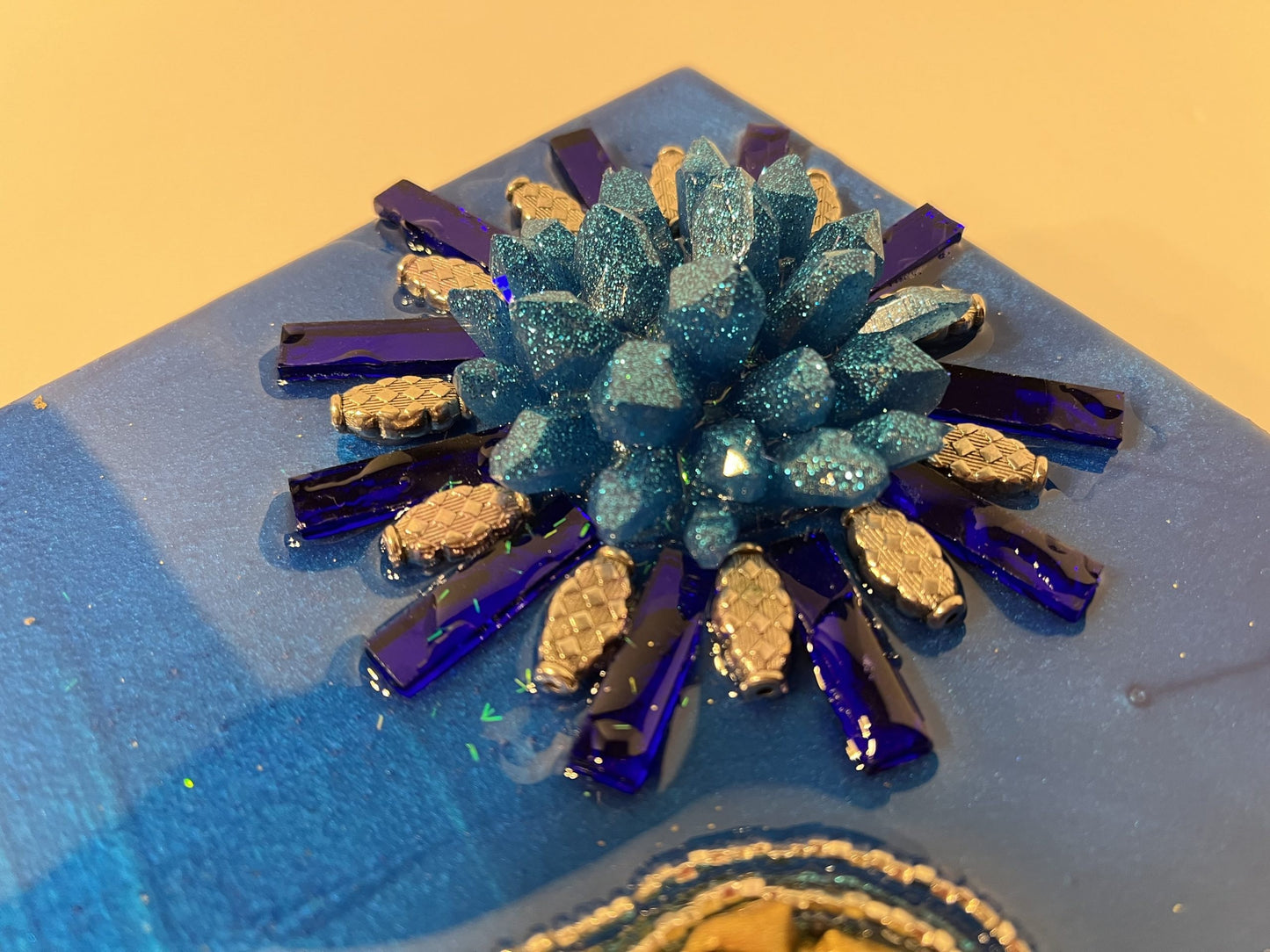 RESIN MULTIMEDIA/10" Caribbean Blue/includes Quartz, Seed Beads, Tibetan Beads, Hematite Points & More. Stunning. Ready To Ship! Colors - RESIN ART