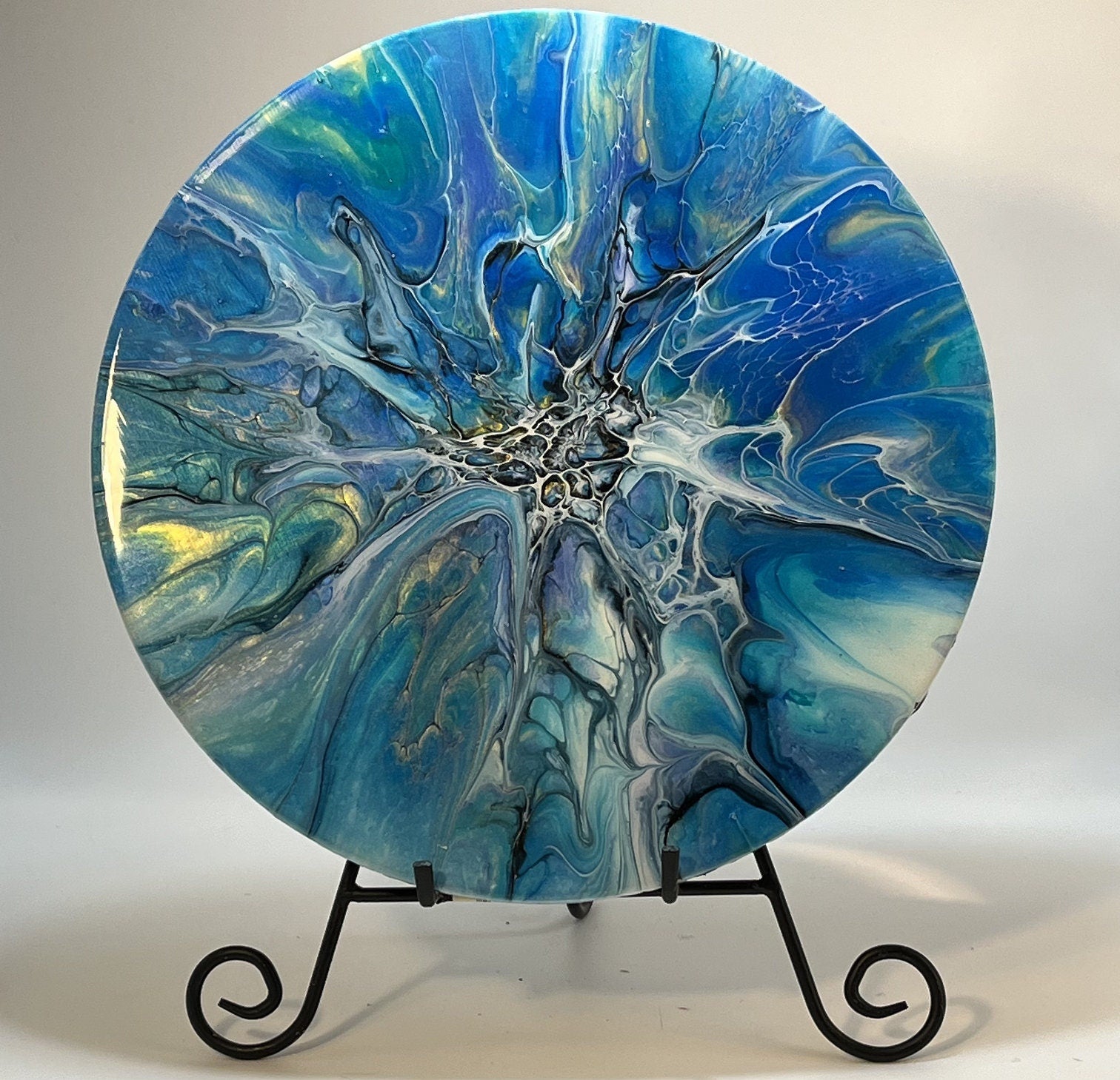 ACRYLIC PAINTING 12"/ ocean Blues, Iridescent Gold, Black & White, Protected In A Top Coat Of Resin. Colors Plus/Includes , Ready To Ship - FLUID ART