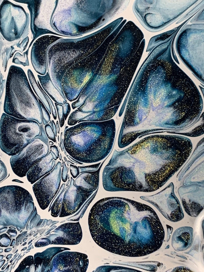 ACRYLIC PAINTING 12"/ ocean Blues, Iridescent Gold, Black & White, Protected In A Top Coat Of Resin. Colors Plus/Includes , Ready To Ship - FLUID ART