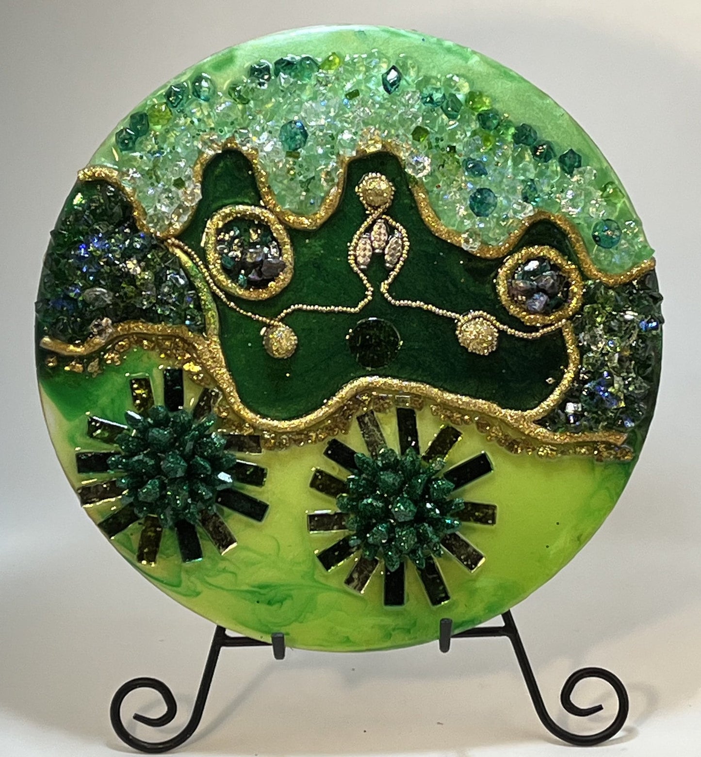 RESIN MULTIMEDIA 12"/green Shades/includes Fused Glass, Stained Glass, Glass Beads, Mirrored Glass & Resin. Ready To ship! Fun Piece! - RESIN ART