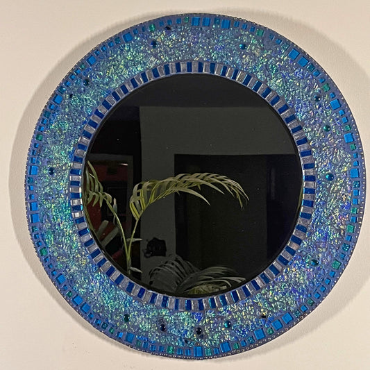 MOSAIC ROUND MIRROR - 18"/Blue shades, Mosaic and Tempered Glass -