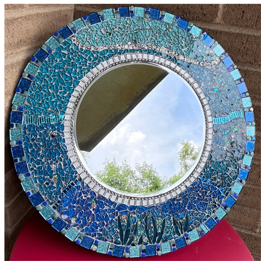 MOSAIC ROUND MIRROR - 18"/Aqua Seas - Tempered Glass & Mosaics. Breathtaking. Ready to Ship - 