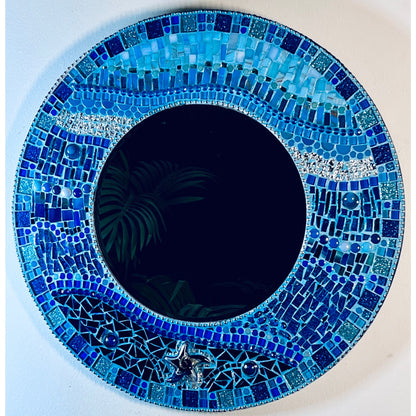 Front View:  
18&quot; Mosaic Frame with 10&quot; beveled mirror.  In rich ocean hues with glass, ceramic, glass beads and glitter tiles