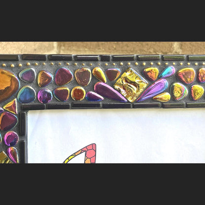 Top middle and left side close up:
5x7 Photo Frame:  Various sized Pebble Shaped Iridescent tiles.  Also Iridescent mosaic leaves and gold textured tiles.  Border of frame in black tiles with a silver ball chain inside of the border for contrast.  Grouted in black mosaic grout.