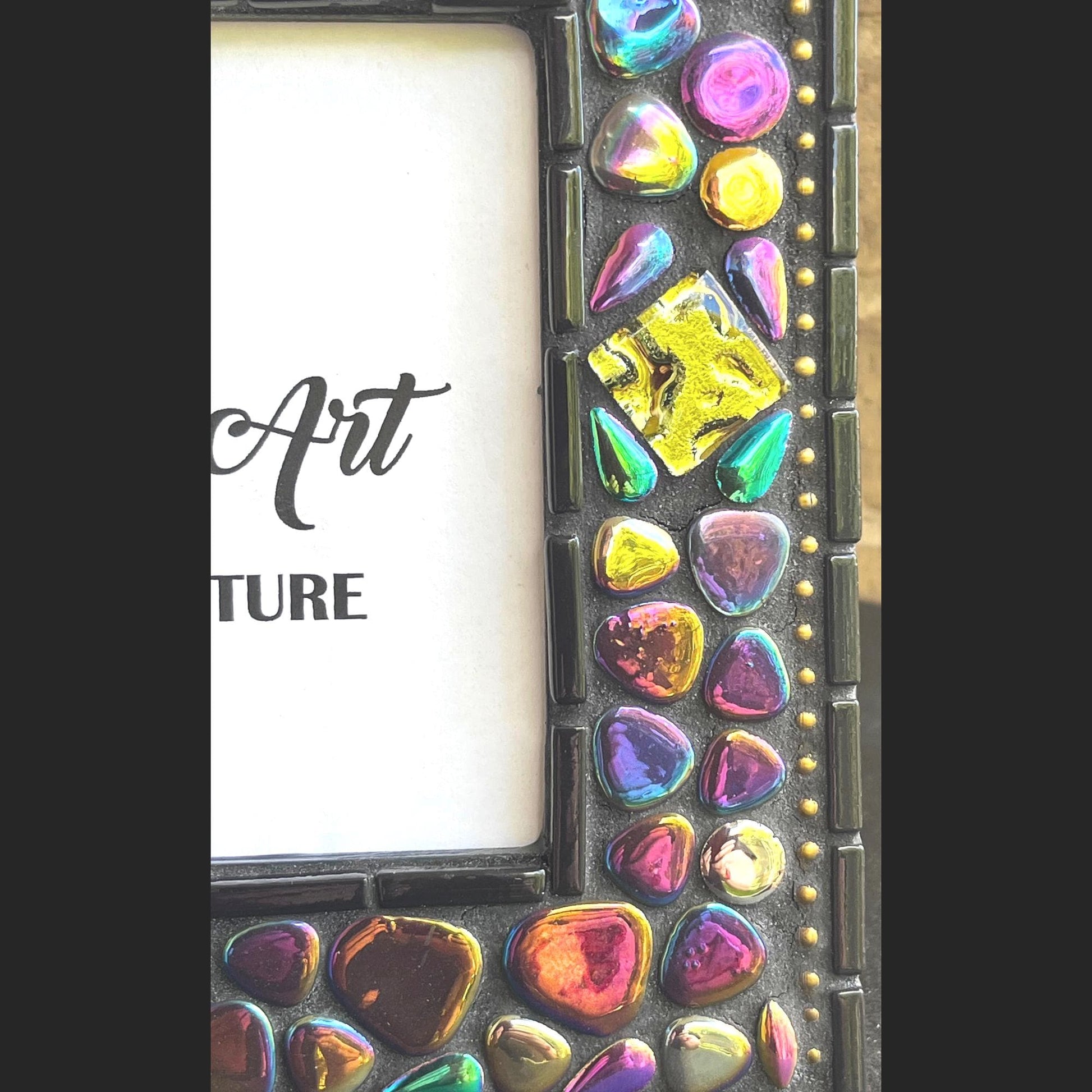 right side and bottom close up:

5x7 Photo Frame:  Various sized Pebble Shaped Iridescent tiles.  Also Iridescent mosaic leaves and gold textured tiles.  Border of frame in black tiles with a silver ball chain inside of the border for contrast.  Grouted in black mosaic grout.