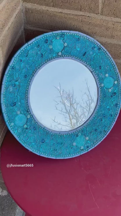 MOSAIC MIRROR 14"/ Southern Ocean Blue Tempered Glass & Mosaic
