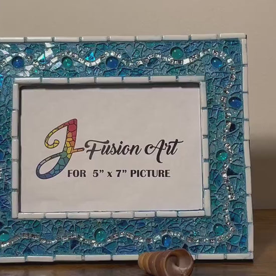 Ocean Breeze Decor 5x7 Picture Frame / Tempered Glass Mosaic / Blue & Silver Waves, Great Holiday Gift