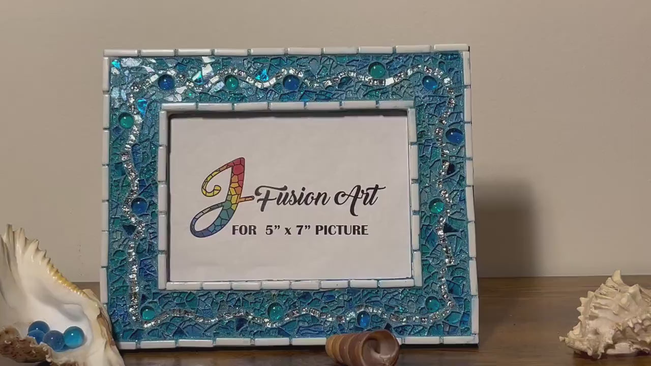 Ocean Breeze Decor 5x7 Picture Frame / Tempered Glass Mosaic / Blue & Silver Waves, Great Holiday Gift