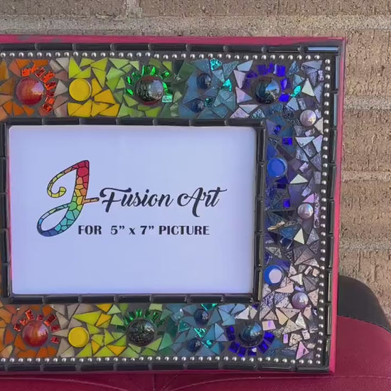 MOSAIC FRAME 5x7/Rainbow On Red Frame/mirrored & Stained Glass, Glass Fusions, One Of A Kind! Bohemian Chic.Ready To Ship
